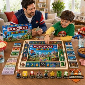 Super Mario Monopoly 2026 Board Game - close-up of game board, cards, and character tokens