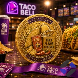 Taco Bell 64th Anniversary 1962-2026 Commemorative Gold Coin - close-up of the left coin's top