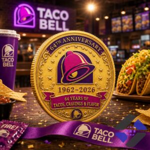 Taco Bell 64th Anniversary 1962-2026 Commemorative Gold Coin - close-up of the right coin's top