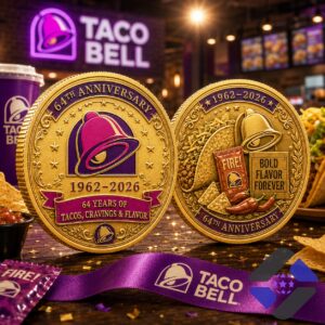 Taco Bell 64th Anniversary 1962-2026 Commemorative Gold Coin - two coins on a wooden surface