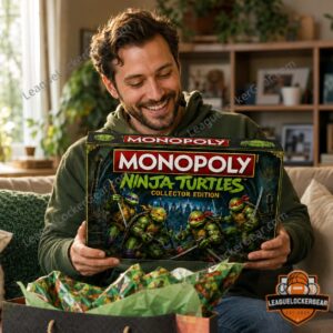 Teenage Mutant Ninja Turtles Monopoly - game box, canister, and upper board close-up