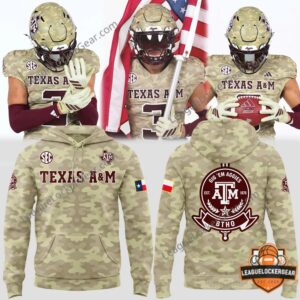 Texas A&M Aggies Camo Military Design Hoodie - full view with football players