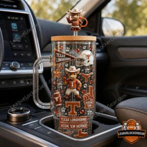Texas Longhorns Hook 'Em Horns! Tumbler With Handle - close-up of top section