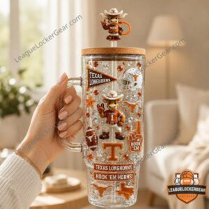Texas Longhorns Hook 'Em Horns! Tumbler With Handle - close-up showing tumbler and framed sign