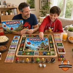 The Angry Birds 2026 Monopoly Board Game - box, slingshot, and top left board details