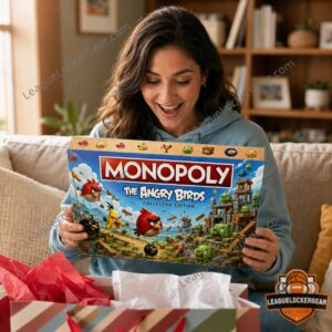 The Angry Birds 2026 Monopoly Board Game - box, Piggy Island tower, and top right board details