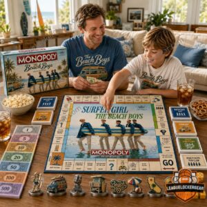 The Beach Boys Monopoly 2026 Board Game - box top, 'Surfin' U.S.A.' collectible, and game money