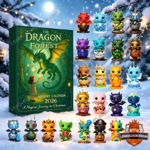 Top two rows of eight colorful baby dragon ornaments, including red, blue, and green designs from the advent