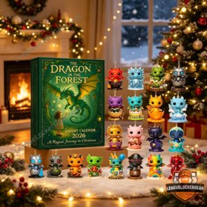 The Advent Calendar book in the background with five distinct dragon ornaments, including a Halloween-themed