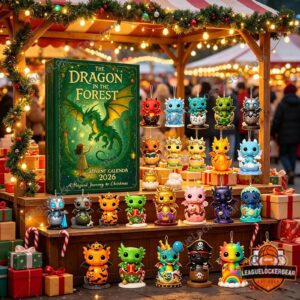 Middle and bottom rows of eight unique dragon ornaments, featuring pirate, rainbow, and musical note themes