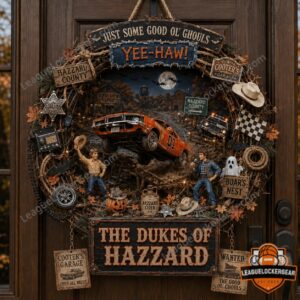 The Dukes of Hazzard Halloween 2026 Decorative Wreath - full front view on a door
