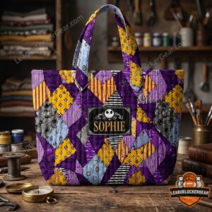 The Nightmare Before Christmas Custom Name Sophie Quilted Patchwork Design Tote Bag - close-up of top handle