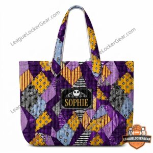 The Nightmare Before Christmas Custom Name Sophie Quilted Patchwork Design Tote Bag - close-up of custom name