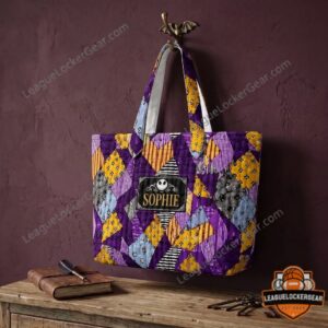 The Nightmare Before Christmas Custom Name Sophie Quilted Patchwork Design Tote Bag - front view hanging on a