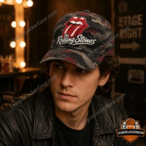 The Rolling Stones Wild Tongue Vintage Camo Classic Rock Cap - close-up of logo and side