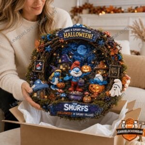 The Smurfs Halloween wreath - central characters, pumpkins, and moonlit village scene