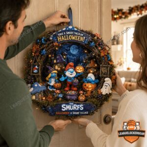 The Smurfs Halloween wreath - lower plaque with themed lettering and pumpkin details
