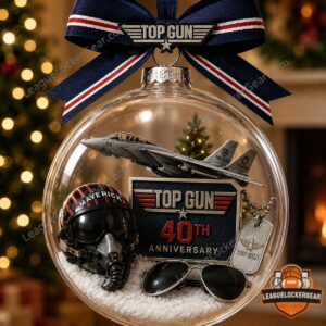 Top Gun 40th Anniversary Globe Ornament - front view with jet, helmet, sunglasses, and dog tags