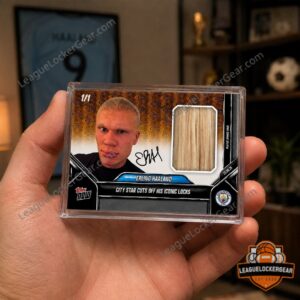 Topps NOW Erling Haaland Cuts New Hair Card - close-up on Haaland's portrait and signature