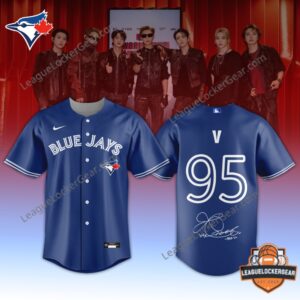 Toronto Blue Jays BTS 2026 World Tour Baseball Jersey - close-up of logo and band members