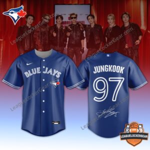 Toronto Blue Jays BTS 2026 World Tour Baseball Jersey - back view of Jin jersey with number 92 and signature