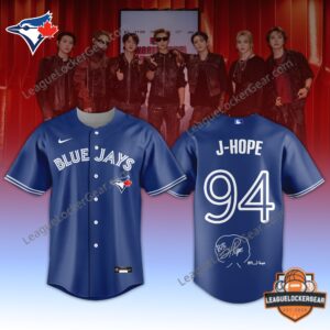 Toronto Blue Jays BTS 2026 World Tour Baseball Jersey - back view of BTS jersey with number 07 and signatures