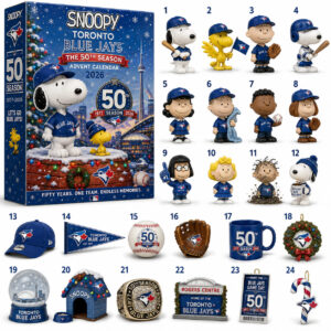 Toronto Blue Jays The 50th Season Advent Calendar 2026 - full box view with Snoopy and Woodstock