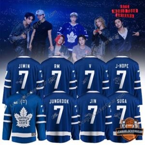 Toronto Maple Leafs BTS World Tour Arirang 2026 Hockey Jersey - full display with BTS members