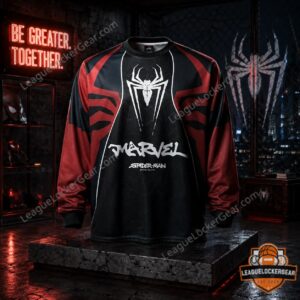 Spider-Man Beyond Glory Long-Sleeve Shirt - full front view on a dark, textured pedestal