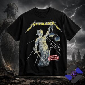 Metallica And Justice For All Hammer Of Justice T-Shirt - close-up on wearer's face and upper chest