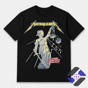 Metallica And Justice For All Hammer Of Justice T-Shirt - detail of band logo and upper graphic