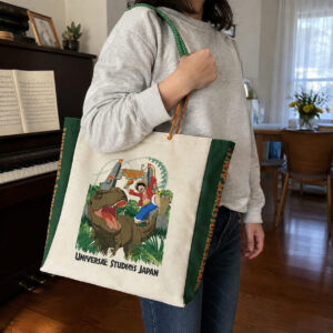 Universal Studios One Piece Jurassic Park Luffy Riding T-rex Tote Bag - close-up of right side panel and