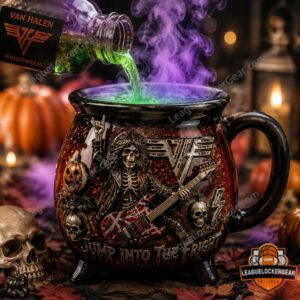 Van Halen Jump Into The Fright Halloween Witch Cauldron Mug - close-up of Van Halen logo and guitar