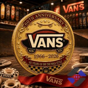 Vans 60th Anniversary Commemorative Gold Coin - close up of front side's top details