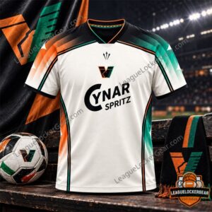 Venezia FC Cynar Spritz Away Kit 2026-27 Football Jersey - full view with ball and scarf