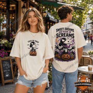 Venomized Snoopy Halloween Sweet Dreams Are Made of Screams T-Shirt - close-up of front design with Snoopy on