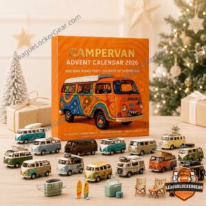 Vintage Campervan Holiday Road Trip 2026 Advent Calendar - close up of box cover and background decor