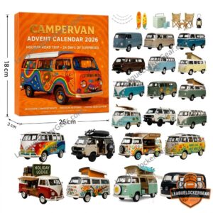 Vintage Campervan Holiday Road Trip 2026 Advent Calendar - box with holiday tree and wrapped gift