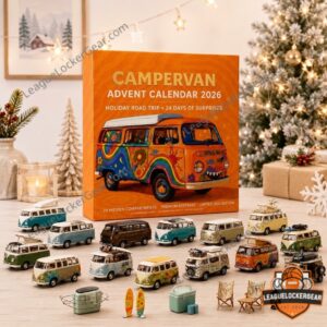 Vintage Campervan Holiday Road Trip 2026 Advent Calendar - full display with miniature vans