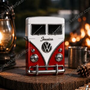 Volkswagen Camper Van Personalized Jessica Name Lighter Case - front view in a rustic outdoor setting