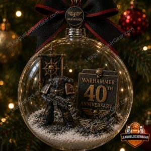 Warhammer 40th Anniversary Globe Ornament - front view with figure and anniversary plaque