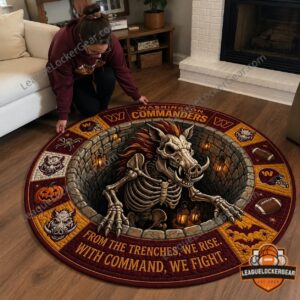 Washington Commanders Halloween Skeleton Hog Quilted Round Rug - close-up of top left design