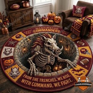 Washington Commanders Halloween Skeleton Hog Quilted Round Rug - full view in a living room