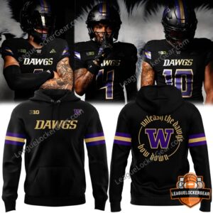 Washington Football Team Unleash The Dawgs Black Uniform Hoodie - front and back views with jersey mockups