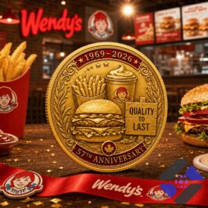 Wendy's 57th Anniversary 1969-2026 Commemorative Gold Coin - close-up of the food items side