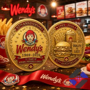 Wendy's 57th Anniversary 1969-2026 Commemorative Gold Coin - both sides displayed