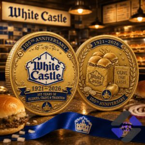 White Castle 105th Anniversary Commemorative Coin - both sides displayed with a burger
