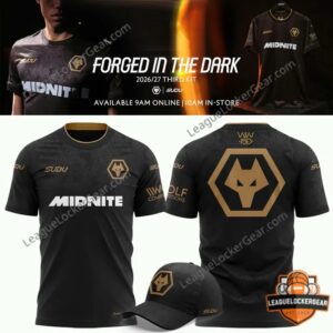 Wolverhampton Wanderers 2026/27 Third Kit Forged in the Dark Football Jersey - front and back views with cap