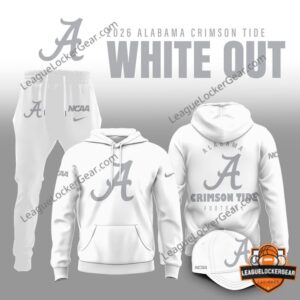 Alabama Crimson Tide 2026 White Out Hoodie - front and back views with matching pants and cap