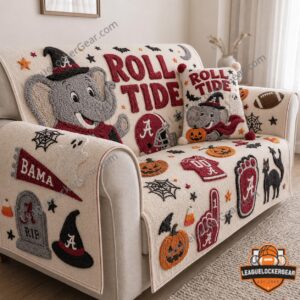 Alabama Crimson Tide Halloween 2026 Tufted Sofa Cover & Pillow Set - full sofa cover and matching pillow